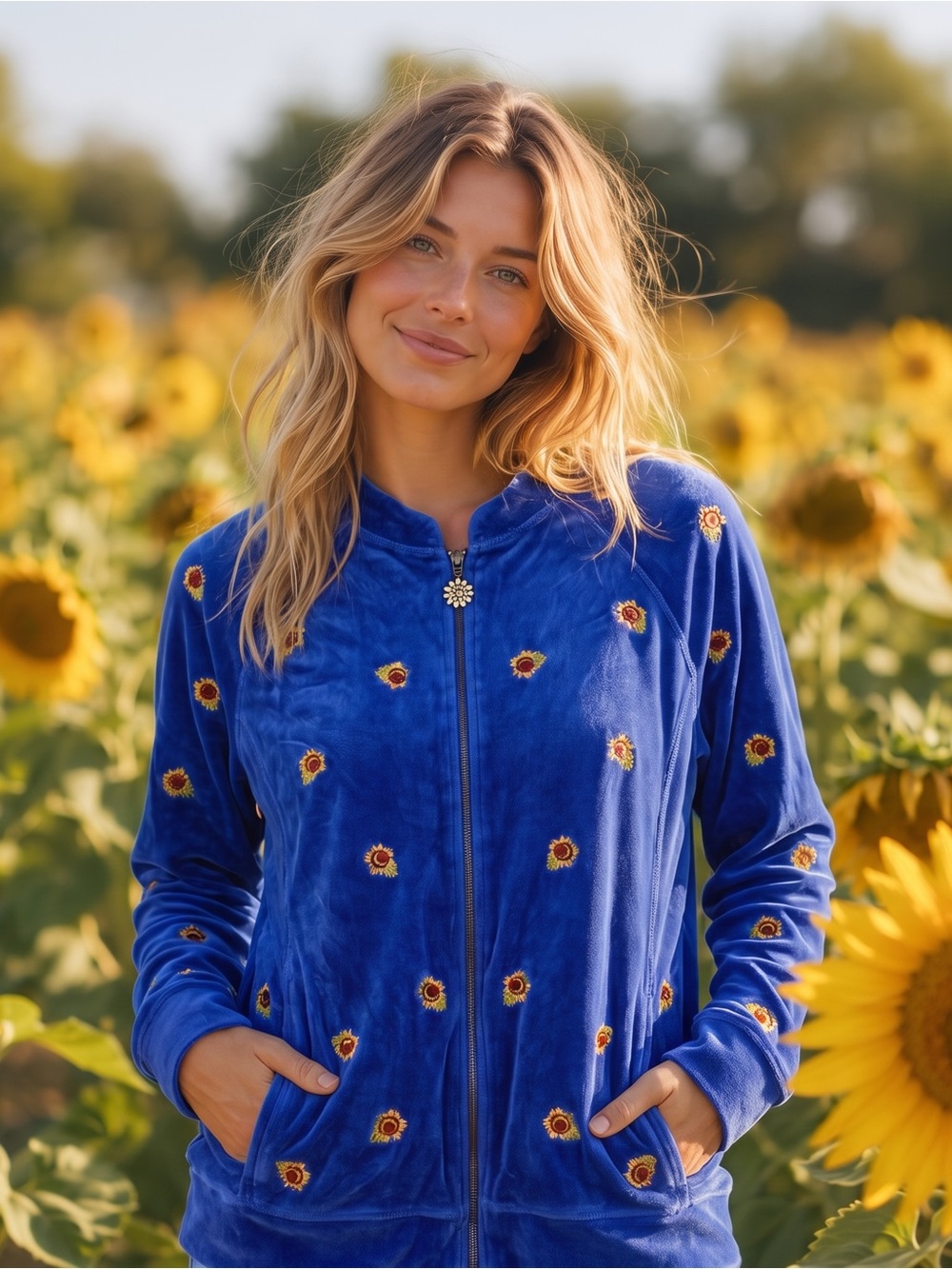 VINTAGE QUACKER FACTORY Sunflower Embroidered Velour Sweatshirt
